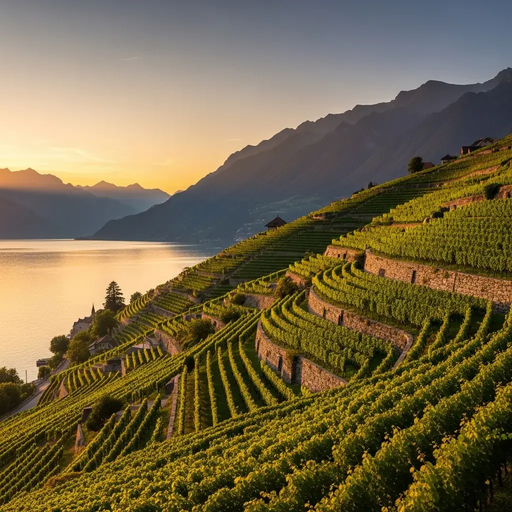 Lavaux vineyard terraces overlooking Lake Geneva, Switzerland